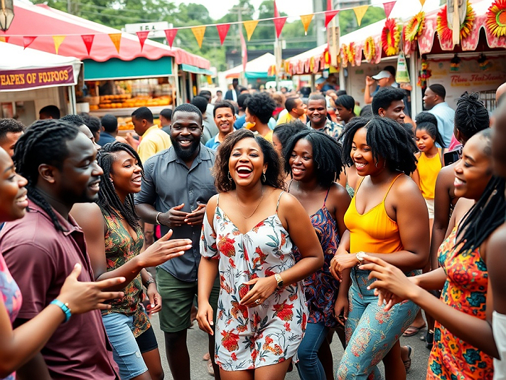 The image displays a lively and joyful street festival scene with Black men and women engaging in...