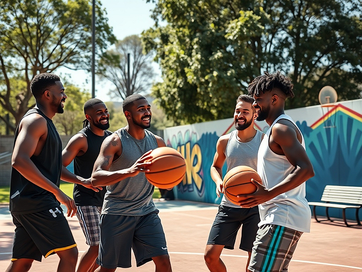 This image depicts a group of Black men playing basketball at an outdoor court, clearly enjoying...