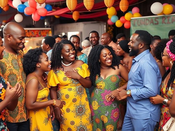 The image captures a joyful indoor celebration among Black men and women, likely at a cultural event...